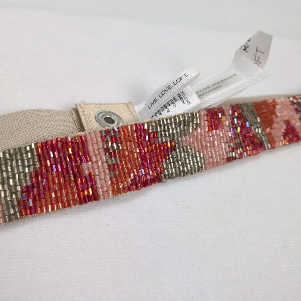 Beaded Elastic Waist Belt Pink Orange Geometric Snap Stretch M/L NWT
